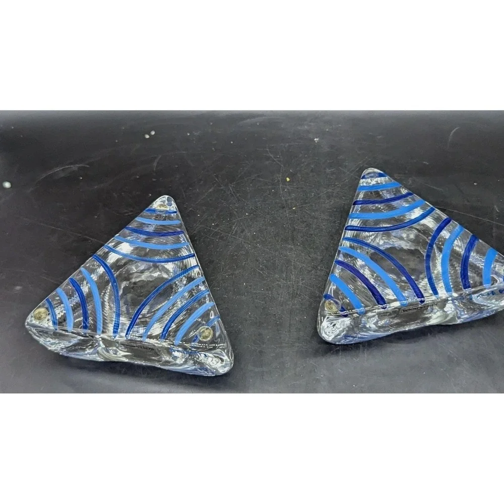 Set/2 Kosta Boda Piece Of Cake Triangle Signed Votive Candle Stripe Cobalt Blue